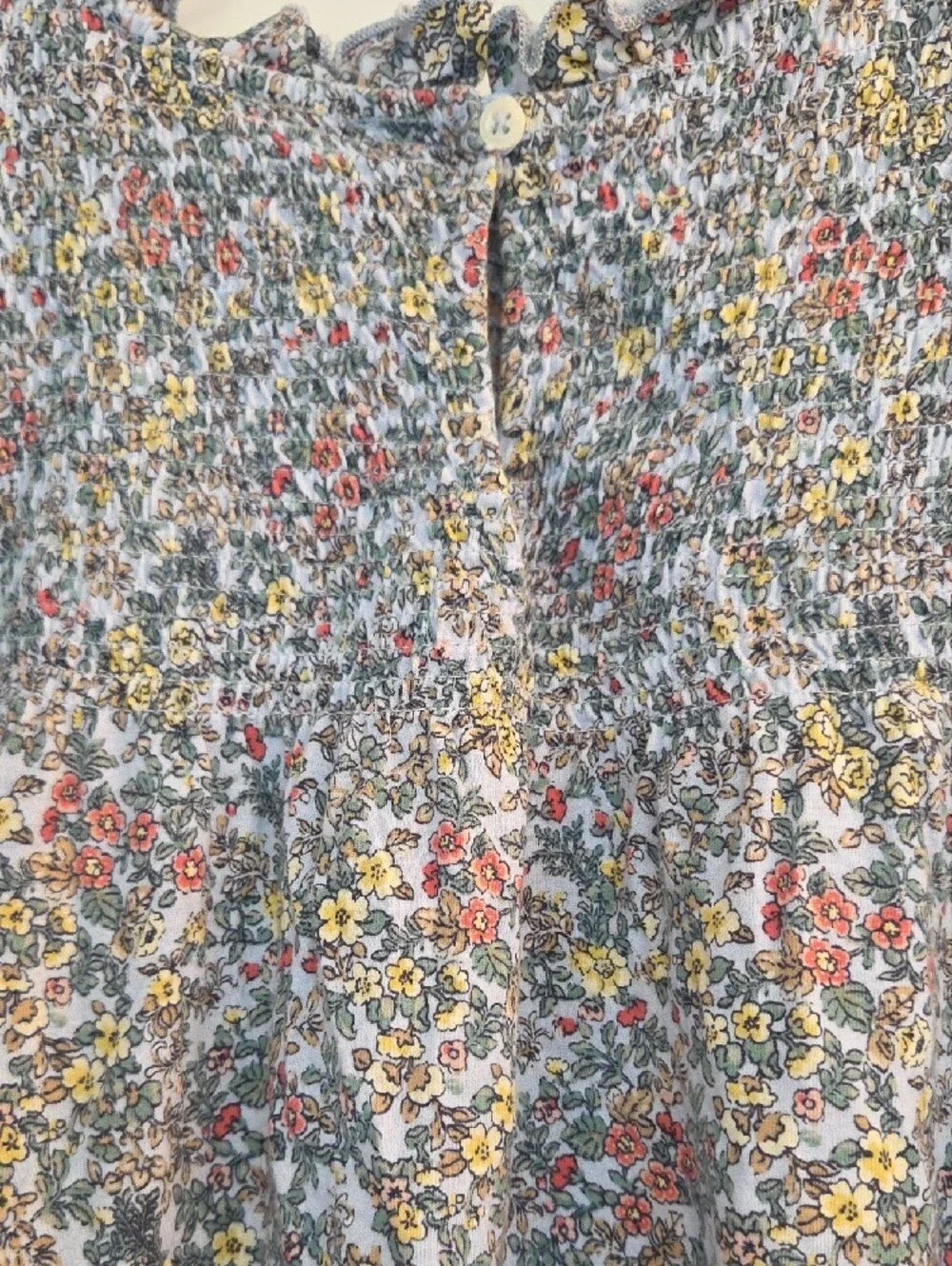LOFT Floral Smocked Puff Sleeve Top - Gray with Red, Yellow & Green Floral Print